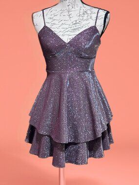 B. Darlin Purple Glitter Ruffle Tiered Mini Dress EUC Sz. 1/2